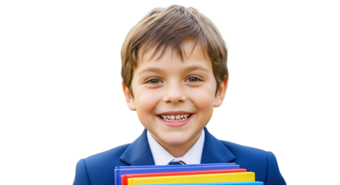 Close-up of a smiling boy in school uniform holding vibrant books to his chest, isolated on transparent background