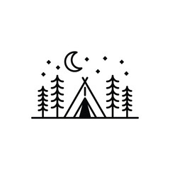 Forest Camping Night Scene, Tent under Moon and Stars Line Art, Outdoor Nature Icon, Adventure Night Camp Illustration