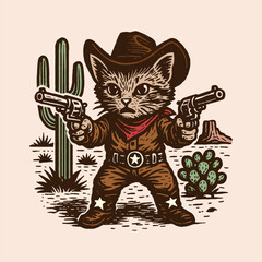Cowboy Cat Illustration, Hand‑Drawn Western Cat, Desert Sheriff Kitty, Vintage Animal Bandit Art
