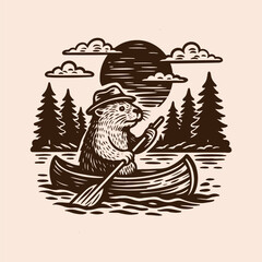 River Otter Canoeing Illustration, Hand-Drawn Animal Paddling, Forest Lake Adventure, Vintage Wildlife Art