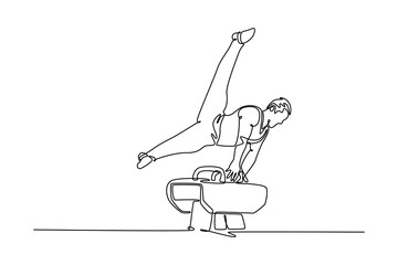 Single one line drawing professional gymnast exercise pommel horse in championship gymnastics, support with hands on horse, swing feet. Modern continuous line draw design graphic vector illustration