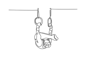 Continuous one line drawing male athlete doing complicated exciting trick on gymnastic rings in professional gym. Movement, action, motion, dynamic. Single line draw design vector graphic illustration