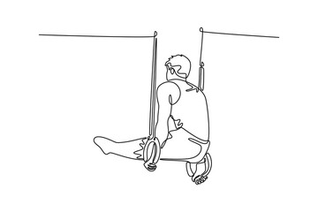 Continuous one line drawing focused man practicing stretching exercises on the gymnastic rings for hole body dip for abs hands and back in the gym. Single line draw design vector graphic illustration