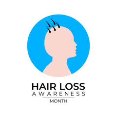 Hair Loss Awareness Month is observed in August every year. Blue comb with woman and men bald head. Banner poster, flyer and background design template.
