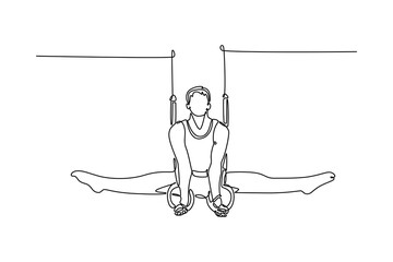 Continuous one line drawing muscular male gymnast exercising on gymnastic rings in modern health club. Gymnast athlete perform stunt in sportswear. Single line draw design vector graphic illustration