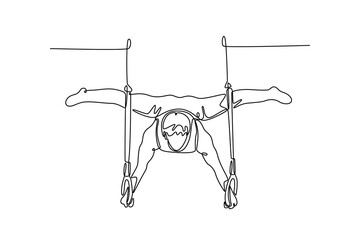 Continuous one line drawing strong male gymnast athlete looking down while doing calisthenics core stability exercise with gymnastics rings in gym. Single line draw design vector graphic illustration