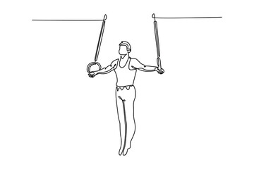 Single continuous line drawing young male athlete training with gymnastics rings in fitness gym. Fit sportsman perform stunt in sports clothes. Dynamic one line draw graphic design vector illustration