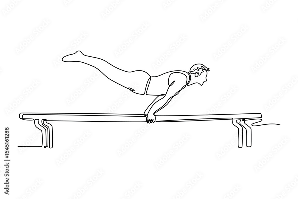 Poster continuous one line drawing fit male gymnast performing handstand on parallel bars in professional g
