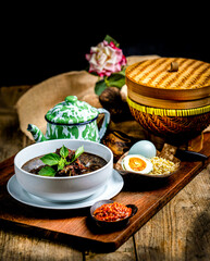 Rawon, a typical Indonesian dish originating from East Java. Rawon is a thick black beef soup made from kluwek spices.