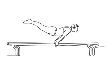 Continuous one line drawing fit male gymnast performing handstand on parallel bars in professional gym. Doing calisthenics core stability exercise. Single line draw design vector graphic illustration