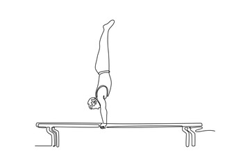 Single continuous line drawing male gymnast performing upside down handstand parallel bars in arena. Movement, action, motion, dynamic concept. Dynamic one line draw graphic design vector illustration
