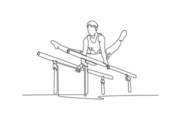 Single continuous line drawing male gymnast training in gym, flexible and active. Athlete in sportswear practicing in exercises for strength, balance. One line draw graphic design vector illustration