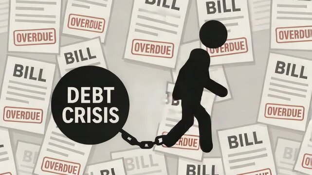 An illustration representing the burden of debt, showing a figure chained by a large ball labeled 'Debt Crisis'
