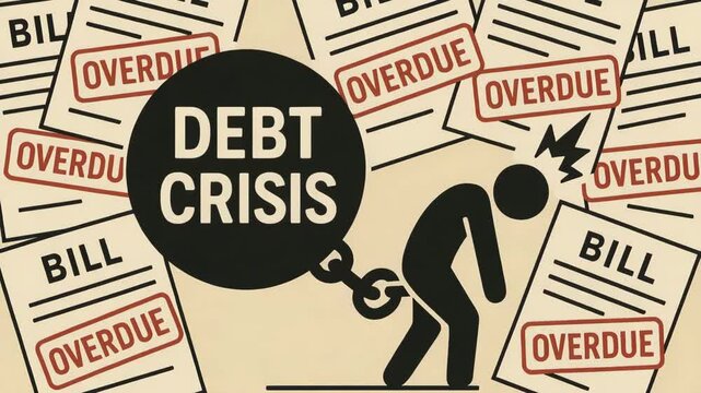 An illustration depicting the struggle of individuals facing a debt crisis, represented by a person burdened with overdue bills, symbolizing financial stress and hardship.