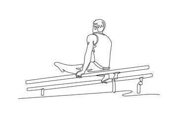 Single continuous line drawing muscular build man doing calisthenics on parallels bar indoor. Athlete practicing balance. Healthy lifestyle and power. One line draw graphic design vector illustration