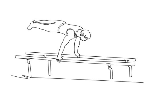 Single continuous line drawing man athlete doing handstand on parallel bars in professional gym. Fit sportsman perform stunt in sports clothes. Dynamic one line draw graphic design vector illustration