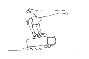 Single one line drawing pommel horse athlete gymnast doing split handstand in competition artistic gymnastics. Perform acrobatic motion. Modern continuous line draw design graphic vector illustration