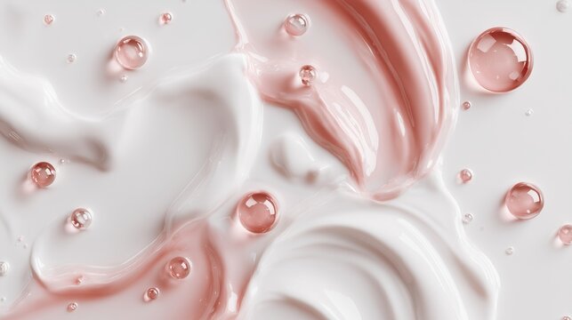 cosmetic skincare textures with moisturizer and face oil on white background top view