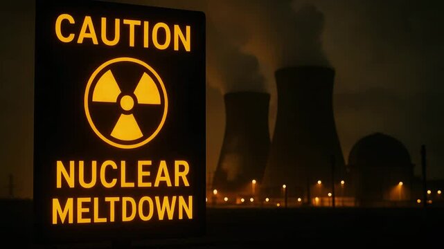A striking image of a caution sign warning about a nuclear meltdown, set against a dark, smoky background. This visual emphasizes the importance of nuclear safety and awareness.
