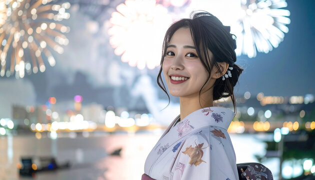 浴衣姿の日本人女性と夏の夜空に広がる花火 – 柔らかな雰囲気の魅力的なポートレート
Japanese Woman in Yukata with Fireworks in the Night Sky – Soft and Relaxed Portrait