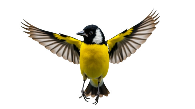 Eurasian siskin displaying its vibrant colors and graceful wings in mid-flight against a clear background