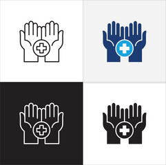 Healthcare icon set. Digital health care icon. Hands with cross medic symbol. Health insurance symbol. Icon symbol compatible for doctor, clinic, hospital, medical consultation. Vector illustration.