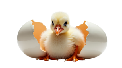 Stork chick emerging from egg, fluffy and curious, nestled in egg shell fragments in a warm nest environment