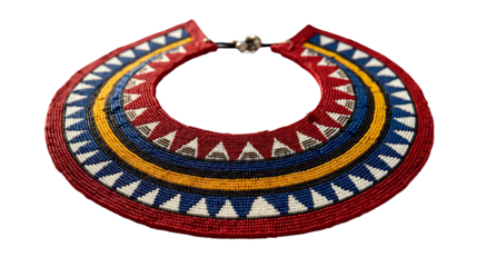 Maasai beadwork necklace featuring vibrant circular collar design with red, white, blue, and yellow beads
