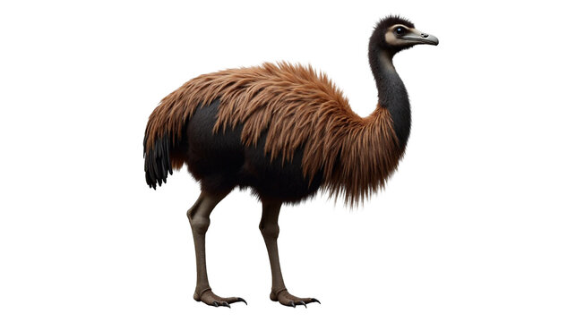 Moa, a giant flightless bird, showcasing dense shaggy brown feathers in its natural habitat during daylight hours