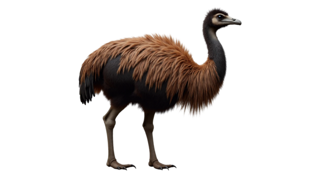 Moa, a giant flightless bird, showcasing dense shaggy brown feathers in its natural habitat during daylight hours