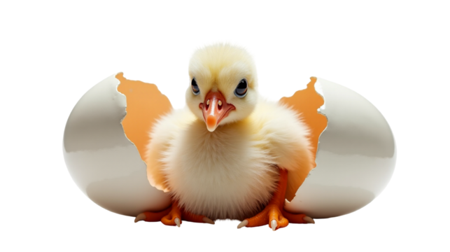 Stork chick emerging from egg, fluffy and curious, nestled in egg shell fragments in a warm nest environment