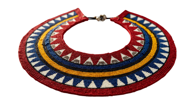 Maasai beadwork necklace featuring vibrant circular collar design with red, white, blue, and yellow beads