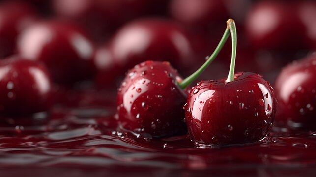 photorealistic top view of amarena cherries floating in dark red burgundy liquid