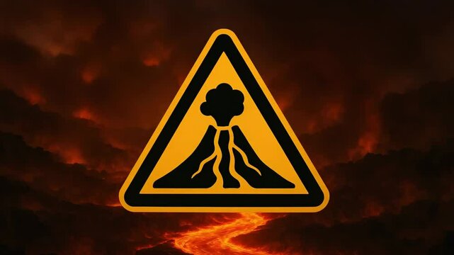 A striking warning symbol depicting a volcano eruption, set against a dramatic backdrop of molten lava and dark clouds, highlighting the power and potential danger of natural disas