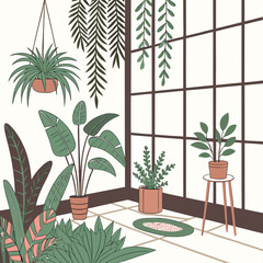 Indoor garden with potted plants hanging from the ceiling and standing near a window frame view