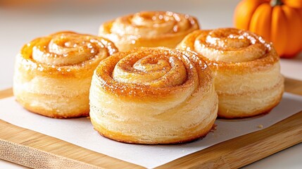 Four golden brown cinnamon rolls on a bamboo cutting board Sweet pastry swirls with cinnamon topping