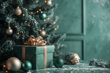 Elegant teal christmas gift box with gold bow under tree