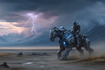 Futuristic warrior on robotic horse traverses stormy landscape under lightning skies