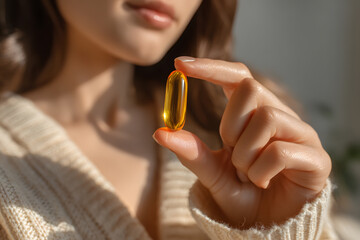 Close-up of a woman in a soft sweater holding a golden capsule, emphasizing daily health and wellness habits