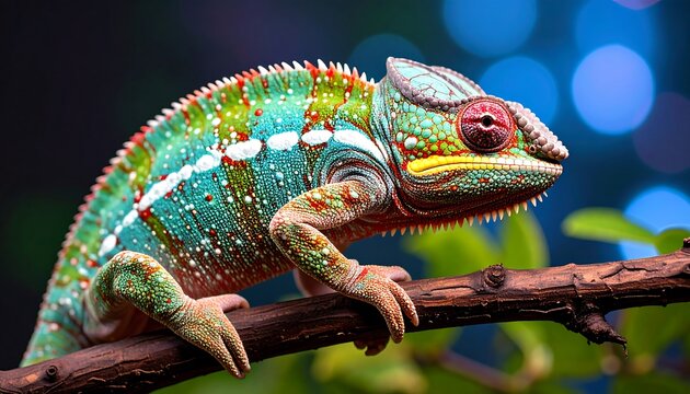 Vibrant Panther Chameleon on Branch Green Reptile Nature Wildlife Closeup Exotic Animal