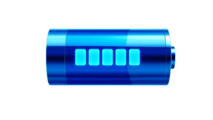 Blue-colored battery icon representing energy or power level, isolated on transparent background—perfect for tech interfaces, mobile UI, energy apps, and digital dashboards.
