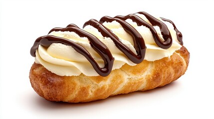 Cream filled pastry with chocolate topping isolated on white background