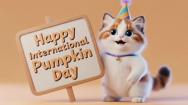 Cute White And Brown Kitten Holding Happy International Pumpkin Day Sign In Studio Setting For Festive October Celebrations - Powered by Adobe