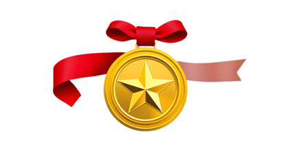 Shiny gold medal attached to a victory ribbon, isolated on transparent background—perfect for sports awards, achievement visuals, competition graphics, and winner illustrations.