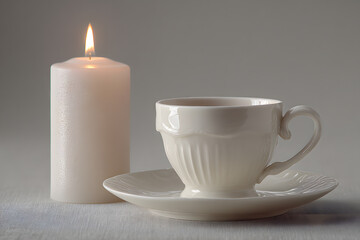 Fototapeta premium A white porcelain cup on a matching saucer next to a lit candle creates a tranquil atmosphere for relaxation