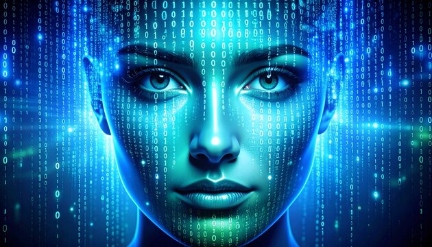 Futuristic Woman Face Emerging from Binary Code Digital Art