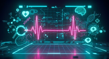 Obraz premium Heartbeat Visualization Neon Medical Technology and Healthcare Futuristic Concept