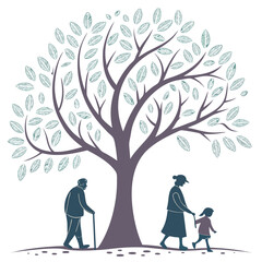 Illustration of a tree with leaves and people walking beneath it in a family gathering scene