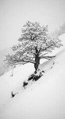 Fototapeta premium Lone snow-covered tree on a wintery hillside