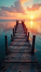 Fototapeta premium A rustic wooden pier stretches out over calm, blue water, bathed in the warm glow of sunset Ideal for travel, vacation, or coastal themed projects Serene and tranquil scene , wooden, landscape